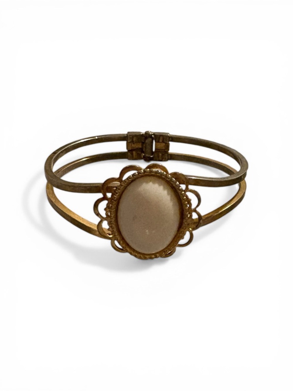 Bangle Hinged  Bracelet  Vintage-inspired central white oval cabochon.